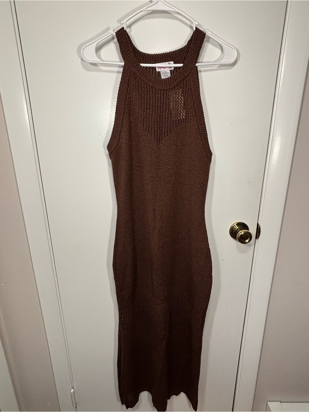 Madrag Brown Crochet Open Knit Maxi Dress Size L Boho